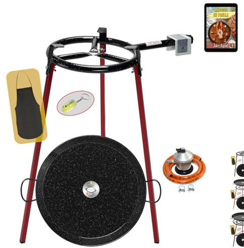 COMBOI Paellero gas butano 30 cm, paella kit bruciatore, paella smaltata 42 cm, regolatore di gas, tubo flessibile, gambe supporto, livello, grembiule, ricettario digitale