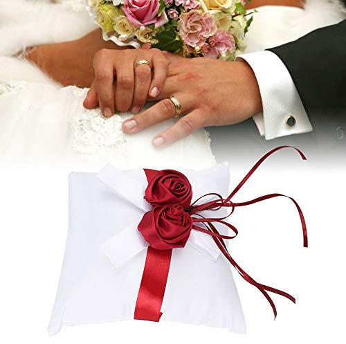 BLSYHDH Rote Doppelrose mit Band Ring Kissen, Weißes Stilvolles Ehering Kissen mit Künstlicher Rosen Blumen Band Dekor Hochzeits Requisiten für Hochzeitsgeschenke Zeremonie