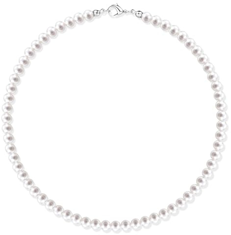 RWQIAN Collar Perlas para Hombre y Mujer 6mm Blancas 50cm Cadena de Perles Faux Perlas Collar Artificiales