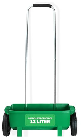 My Garden Lawn Spreader 12 Litre Rotary Seed Grit Salt Spreader with Protective Roof & 110CM Long Handle Grass Spreader on Wheels Adjustable Speed Rate On/Off Ideal for Garden Outdoor Pathways (Teal)