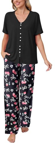Famulily Women Short Sleeve Pajamas Set Button-Down Front Shirt and Floral Printed Bottoms Ladies Sleepwear Black XL