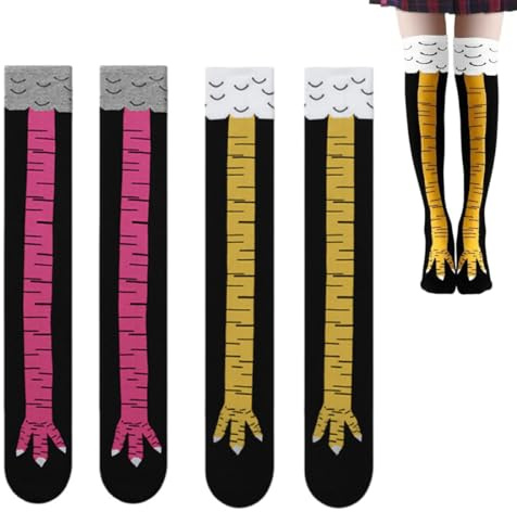 KEWUF Chaussettes Pattes de Poulet, Chicken Leg Socks, Costume de Poulet Cadeau Oiseau Paw, Chaussette Rigolote pour Adultes, Thigh High Socks, Funny Socks(2 Paires, Jaune, Rose)