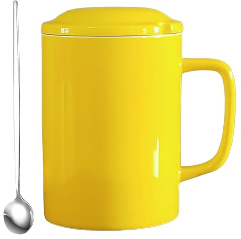 NIUKOMY Tazza Jumbo Grande 1000ML, Tazze Gigante, Tazza da Caffè Extra Large in Ceramica con Coperchio e Cucchiaio per Ufficio e Casa, Giallo