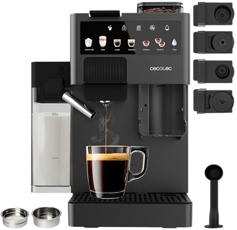 Cecotec Cafetera de Cápsula Freestyle Grind & Latte. 1400W, 20Bares, Multicápsulas, Café Grano 40g, Molinillo Cónico, 1.6L Depósito Agua, 300ml Leche, Thermoblock, Pantalla Táctil, Limpieza Automática