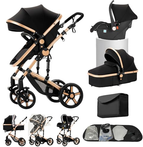 Carrito bebe 3 en 1, Capazo, Cochecito Deportivo y Silla de Coche, para Bebés de 0 a 36 Meses (Negro Oro)