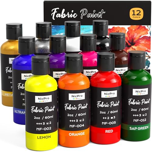 Nicpro 12 Colors Fabric Paint, Fabric Paint for Clothes Permanent | Rich Pigment Non-Toxic Clothing Paint, 2oz/60 ml, for DIY T-shirts, Jeans Crafts, Refresh Furniture Upholstery