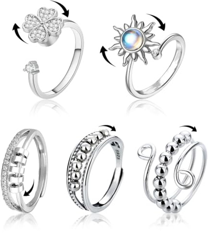 DIFLAX 5 Pièces Bague Anti Stress Femme Argent Bague Anxiete Reglable D'anxiété Bague Anti Stress Bague Anneau Tournant Anneau Ouvert Spinner pour Femme Fidget Bague Cadeau pour Fille Femmes Filles
