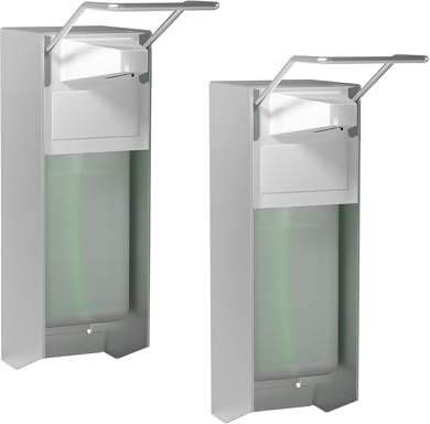 HOUSEHOLD WORLD Dispenser di sapone europeo, set da 2 pezzi, fissaggio a parete, dispenser per sapone con pressione sui gomiti, per disinfettanti e saponi per mani, dispenser di sapone bianco