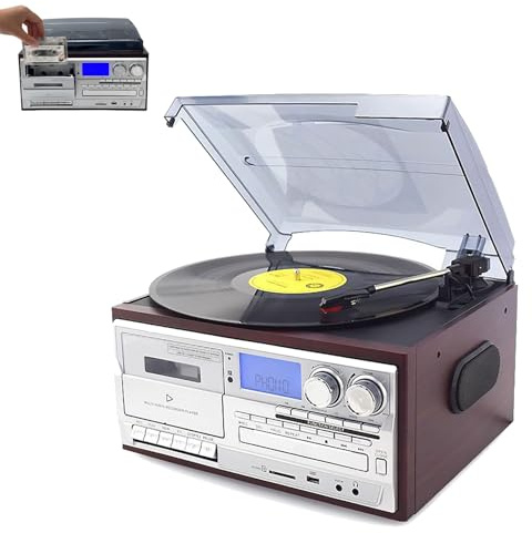 Giradischi Bluetooth 9 in 1 con copertura, supporta 33/45/78 giri/min, altoparlanti integrati, lettore CD e cassette, funzione di digitalizzazione per dischi in vinile
