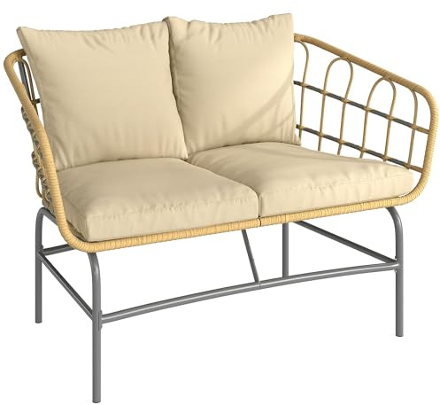 Outsunny Canapé de Jardin 2 Places en Résine Tressée - Salon de Jardin Extérieur avec Coussins Épais Anti-Glisse - Banquette de Balcon et Terrasse en Rotin Design pour Mobilier de Jardin, Marron