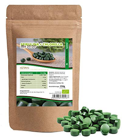 Mynatura Bio Spirulina + Chlorella Mix Tabletten 250g I 50:50 I Algen I Pflanzlich I Superfood I Mineralien I Protein I Vegetarisch I DE-ÖKO-044 I In Rohkostqualität 250g