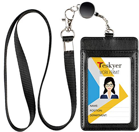 Teskyer Ausweishülle mit Band, Ausweishalter Ausziehbar, Kartenhülle mit Schlüsselband Ausziehbar, aus PU-Leder, Hält 2 Karten, mit Transparentem Fenster, Schwarz