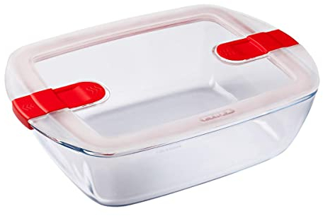 Pyrex - Plato Rectangular de Cristal con Tapa ventilada (2,5 L, 4 Unidades), Color Rojo