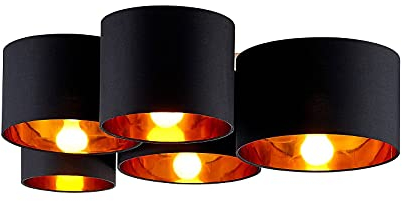 Lindby Stoff Deckenlampe schwarz-gold, 5 Schirme Ø 20 25 28 30 32 cm 5x E27 max. 60W ohne Leuchtmittel Textil Deckenleuchte Wohnzimmerlampe