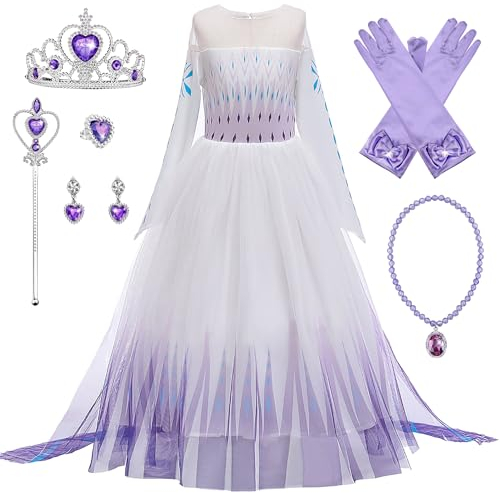 New front Déguisement Princesse Elsa Fille Robe de Princesse Reines des Neiges 2 Manches Longues Costume et Accessoires Noël Halloween Anniversaire Robe de Cosplay Couronne Baguette,Violet,110