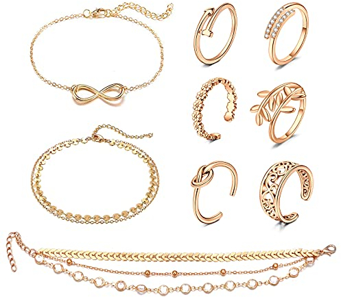 JFORYOU Zehenringe Offenen Verstellbar Zehenring, Fußkettchen Ketten Armbänder Fußschmuck Set für Frauen Mädchen