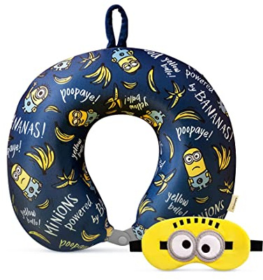 MINISO Minions Travel Neck Pillow with Eye Mask, Cute Cartoon 100% Memory Foam Neck Support Pillow, Lightweight Travelling Pillow Set for Airplane, Car and Home Use