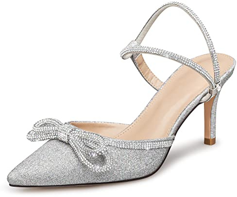 Susanny Women's Wedding Shoes Silver Bow Heels Sparkly Closed Toe Strappy High Heels Sexy Rhinestone Ankle Strap Pumps Bridal Party Dress Shoes10