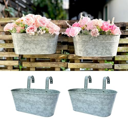 LaLaGreen Outdoor Rail Planter (11.2 Inch, 2 Pack) Silver Metal Iron Hanging Flower Pots Deck Railings Fence Buckets Modern Countryside Boho Style Wall Mount Window Box Plant Holder Hooks Porch Decor