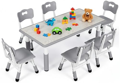 MAMIZO Kids Table with 6 Chairs, Adjustable Height Children's Table Chair Set for Nursery and Children's Room, Plastic Children's Furniture, Seating Set for Boys Girls, Grey