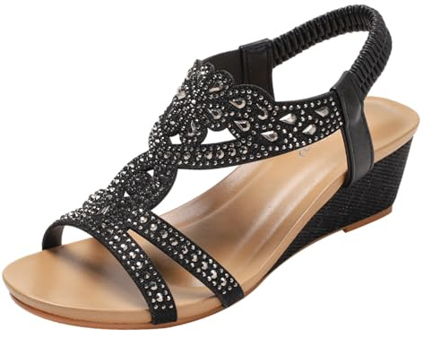 rismart Sandales Compensées pour Femmes Bout Ouvert Slingback Brillant Bohémien Été Chaussures Romaines (Noir, 38.5 EU)