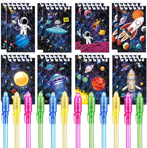 REAGAR Weltraum Party Geschenke, 12 UV unsichtbare Tinte Stift und 12 Weltraum Notizbuch, Weltraum Geburtstagsgeschenke für Kinder