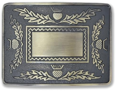 Kilt Emporium skotsk tistelvapen kilt bältesspänne – elegant mässingsdesign, Mässing-antik-4tistlar, 3.75 x 2.75