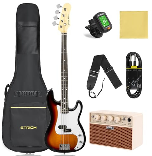 STRICH Electric Bass Guitar 4 Strings Full-Size Beginner Kit, PB-Style Standard Bass for Starter with 2 x 5w Amp, Bag, Tuner, Strap, Cable, SPB-S10 Sunburst