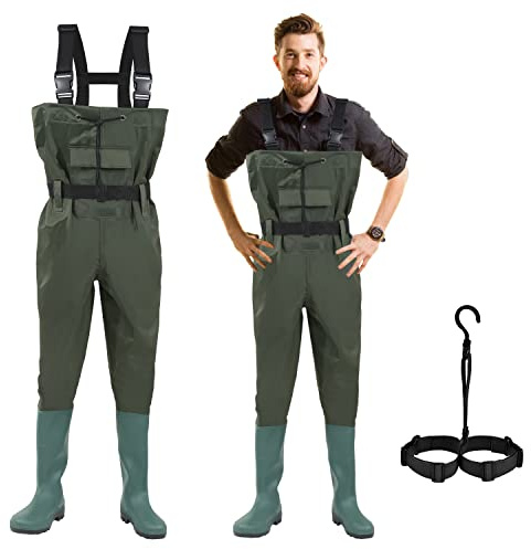 ISOISL Wathose Uomo Impermeabile 70D Nylon Composite PVC Pantaloni da Pesca Pantaloni da Pesca con Stivali, Wathose Uomo Donna per cantieri, pesca, fattorie, giardini, verde scuro, 47