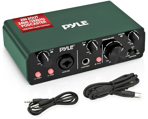 Pyle USB Audio Interface for Recording, Streaming & Podcasting – 2 Inputs 2 Outputs, 48V Phantom Power, 24bit/192kHz ASIO, Studio-Quality Sound, Rugged Metal Chassis - Compatible with Windows/Mac