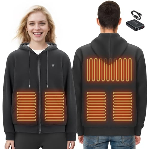 VEVOR Felpa con Cerniera Cappuccio Riscaldata, Felpa Riscaldata Unisex con Batteria 7,4 V, Giacca Elettrica con 5 Zone di Riscaldamento, Maglione Leggero e Caldo per Campeggio, Taglia XXXL, Nero