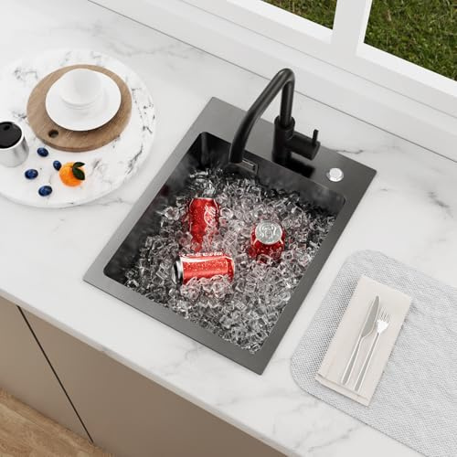 KEOKBON Spülbecken Schwarz Anthrazit 35 x 40cm, Spüle Küche mit 2 Hahnloch, Küchenspüle Edelstahl Eckig 1 Becken, Kitchen Sink, Einbauspüle inkl Siebkorbventil & Überlauf, Klein Spüle Küche Rechteckig