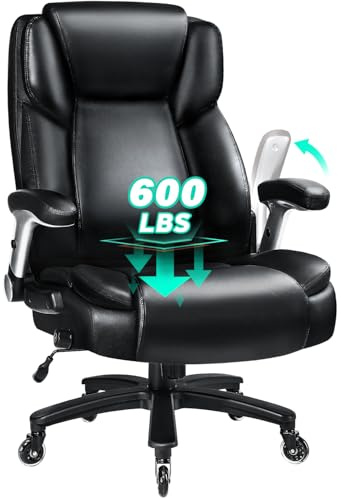 VITESSE 600lbs Big and Tall Office Chair with Flip up Armrest, Large Heavy Duty with Ergonomic Lumbar Support, Executive Office Chair for Heavy People with Quiet Rubber Wheel(Black)