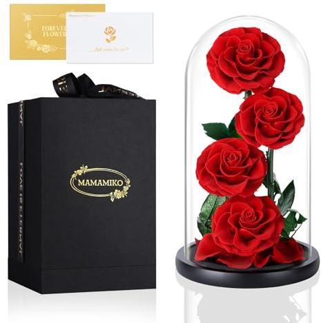 MAMAMIKO 4 Forever Real Rose in a Glass Dome, Eternal Red Roses Flowers Preserved for 5 Years, Unusual Gifts for Her Woman Wife Girlfriend on Mother's Day, Birthday, Anniversary, Valentine's Day, Red