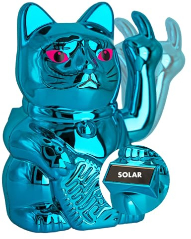 ANGRY CAT Mini Winkekatze Lucky CAT - SOLAR betrieben Lustige winkende Katze - japanische Winkkatze - Dekoartikel Wackelfigur Katze mit Winke-Arm mit Finger - 10cm, türkis-blau