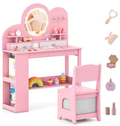 COSTWAY Sminkbord för Barn med Belysning – Toalettbord Prinsessa med 3 LED-Färger, 2 Lådor, Bokhylla, Krokar och Tillbehör – Trä Sminkset för Flickor från 3 År – Rosa