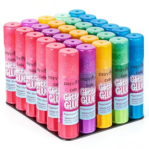 Pryma Colla Stick 30 pz x8 g Glitter – Confezione da 30 Pezzi – Colla Solida a Base Girevole per Scuola e Casa – Asciugatura Rapida e Pulita