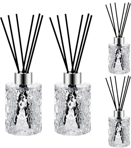 Small Clear Glass Reed Diffuser Bottles with Stick, Vintage Embossed Apothecary Style Flower Bud Vases with Cork Lids, 150ml Refillable Patterned Glass Vase Set of 4