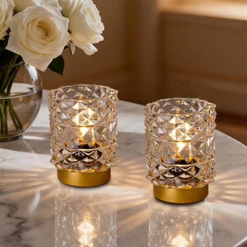 MJ PREMIER Trådlös bord med timer, set med 2 på batterier, kristalllampa med rutformat glas, nattljus, dekorativ bord för sovrum, vardagsrum, badrum, kök, hall