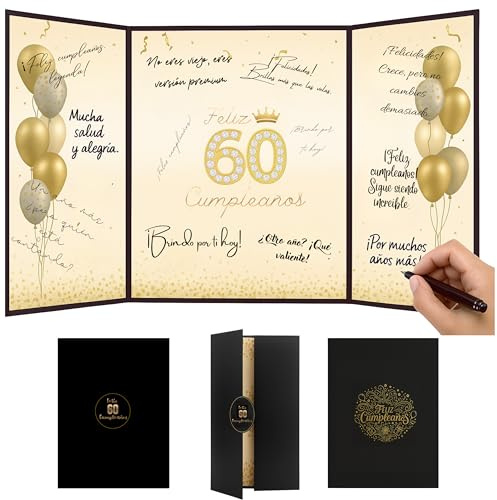 EQUIK PRODUCTS Tarjeta de Felicitación 60 Cumpleaños | Tarjeta 3D Plegable con Mensajes | Diseño Elegante Dorado | Álbum de Firmas para 60 Años | Regalo para Hombres y Mujeres (60 Cumpleaños)