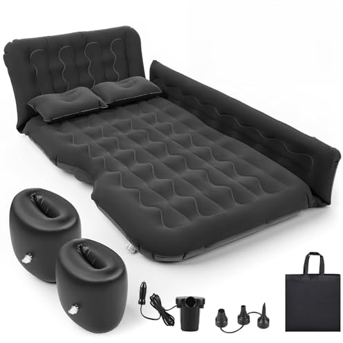 Matelas Gonflable de Voiture, Lit Gonflable pour Siège Arrière, Matelas Pneumatique SUV avec Pompe à Air et Oreillers pour Voyage, Camping, Activités de Plein Air (Noir) (Version banquette arrière)