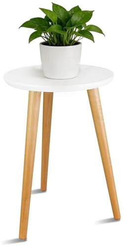 Jentery Support de Plantes en Bois Rond, Tabouret pour Plantes Blanc avec 3 Pieds, Support pour Pots de Fleurs 40 x 28 cm, Table d’Appoint Moderne pour Salon, Chambre, Balcon, Terrasse et Jardin
