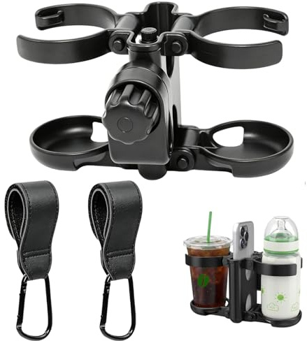3-in-1 Foldable Pram Cup Holder Universal, Foldable Stroller Cup Holder for Pushchair and Wheelchair Accessories, Includes Two Black Cup Holders with Secure Clamp