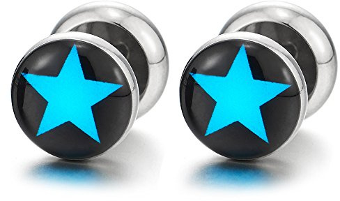 10MM Noir Bleu Pentagramme Rond Boucles d'oreilles Homme Femme - Bouchon Jauge Faux Cheater Fake Gauges Plugs - Acier