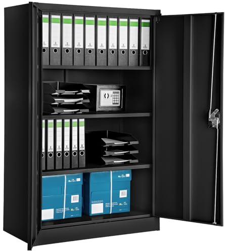 tectake® Armoire de Bureau métallique 140x90x40 cm avec Serrure Rangement Bureau avec 4 Compartiments pour Classeur Rangement Documents Industriel Meuble 2 Portes, 3 Étagères Réglables en Hauteur