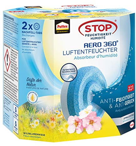 Pattex AERO 360° Wildblumenwiese Tabs Nachfüllpack, reduzieren Feuchtigkeit und schlechte Gerüche, Nachfülltabs für den Luftentfeuchter AERO 360°, 2er-Pack (2x450g)