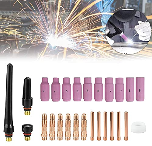 26Pcs TIG Welding Torch Accessories Kit for WP17 WP18 WP26 TIG Torch Welding Consumables with Collets Body Alumina Nozzle Cup Set Back Cap Gasket, TIG Welder Gun Parts Gas Lens Kit