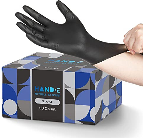 Hand-E Touch Nitrile Black Disposable Gloves X-Large, 50 Count - BBQ, Tattoo, Hair Dye, Cooking, Mechanic Gloves - Powder and Latex Free