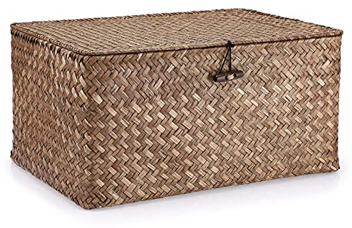IGNPION Seagrass Storage Basket with Lid Woven Seagrass Desktop Basket Rectangular Bathroom Storage Organiser Box, Shelves & Desks Decorative Multipurpose storage Hamper (Coffee, L)