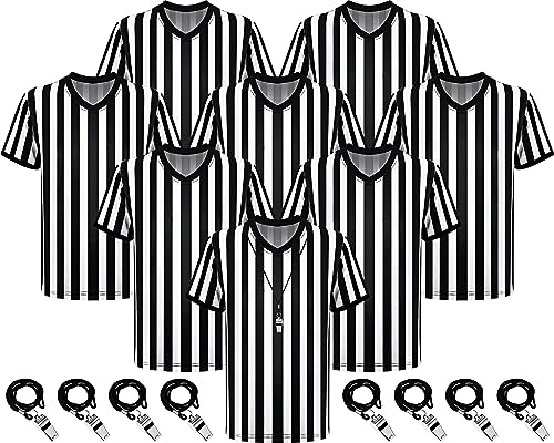 Ramede 8 Sets Referee Shirt with Whistle Official Football Referee Shirt Umpire Jersey Halloween Group Costume for Men Woman(XL)